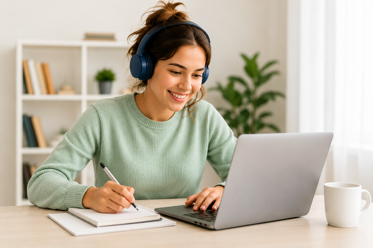 Étudiante préparant son test de français en ligne