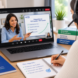 Student attending an online French coaching session on Microsoft Teams with an FTS Academy instructor to prepare for the TCF Canada and TEF Canada exams.