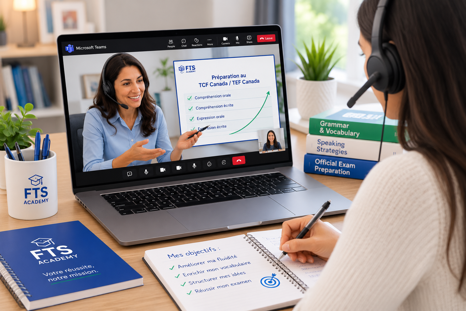 Student attending an online French coaching session on Microsoft Teams with an FTS Academy instructor to prepare for the TCF Canada and TEF Canada exams.