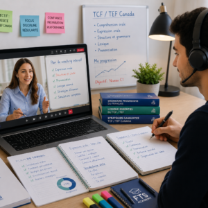 Student attending an intensive online French coaching session on Microsoft Teams with an FTS Academy instructor to prepare for the TCF Canada and TEF Canada exams.