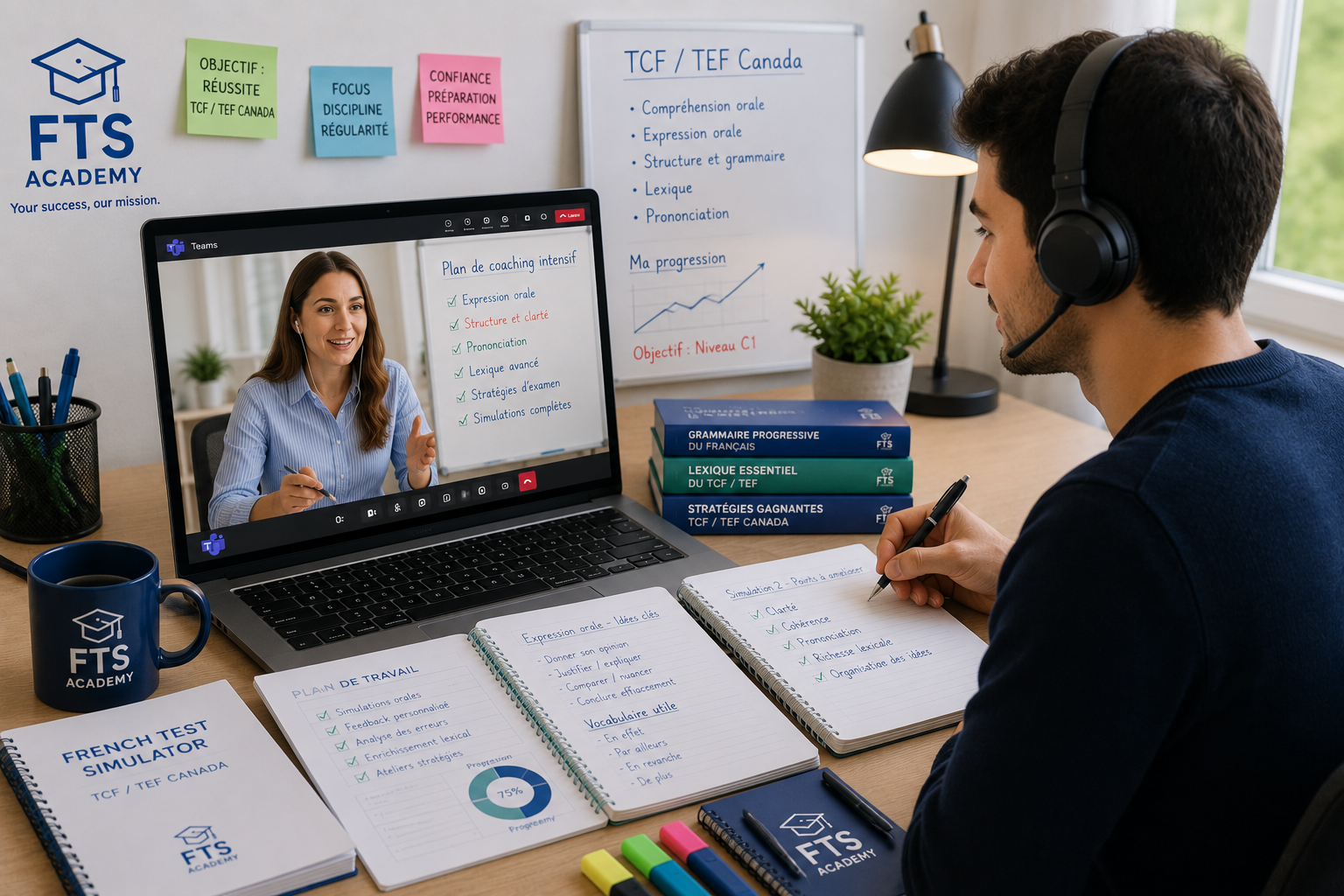 Student attending an intensive online French coaching session on Microsoft Teams with an FTS Academy instructor to prepare for the TCF Canada and TEF Canada exams.