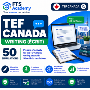 TEF Canada Writing – 50 realistic exam simulations covering the 2 sections of the writing test with FTS Academy