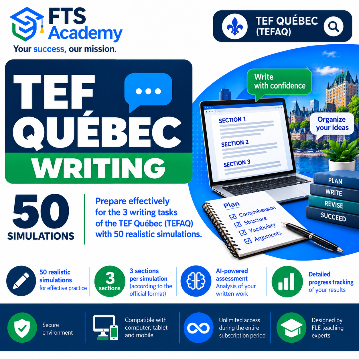 TEF Québec (TEFAQ) Writing – 50 realistic simulations to prepare for the writing test with FTS Academy.